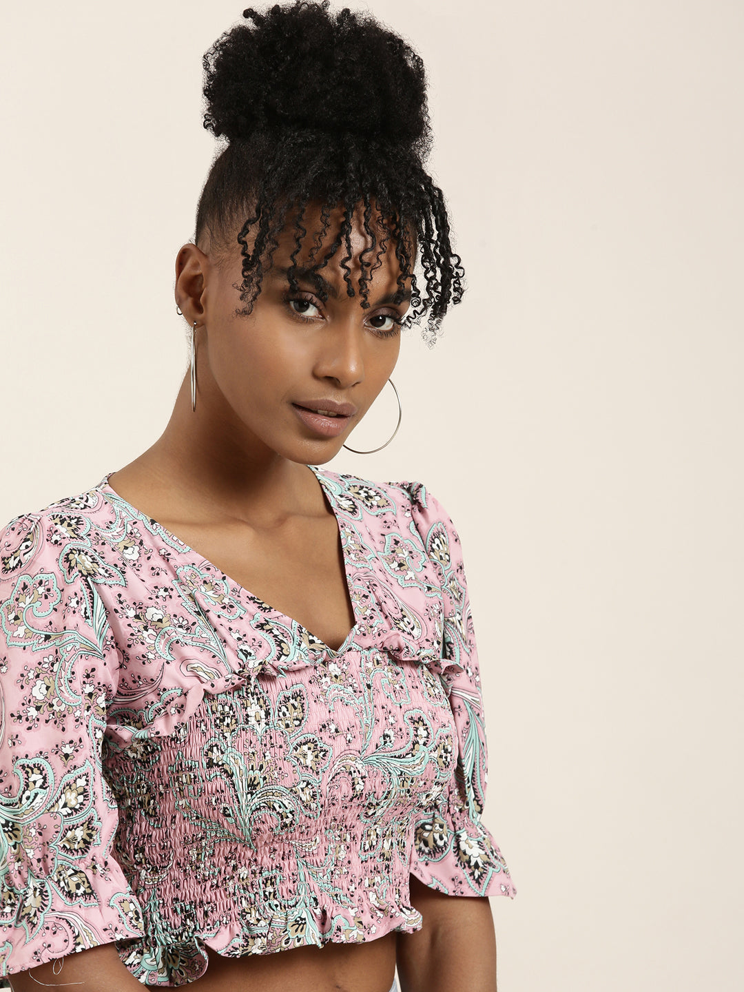 Women's Pink Floral Printed Bell Sleeves Crop Top
