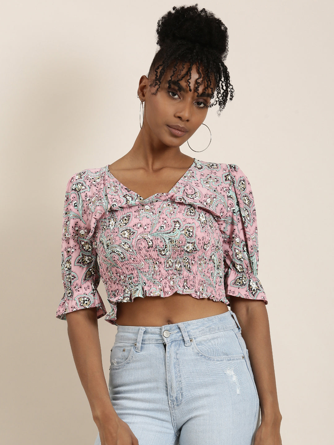 Women's Pink Floral Printed Bell Sleeves Crop Top