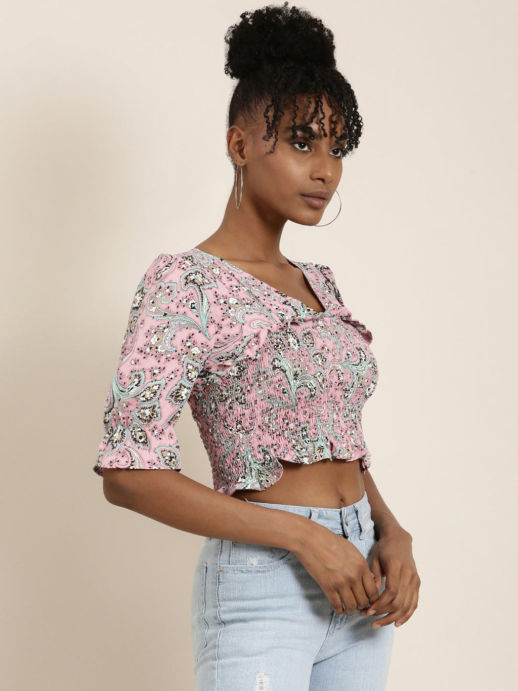 Women's Pink Floral Printed Bell Sleeves Crop Top