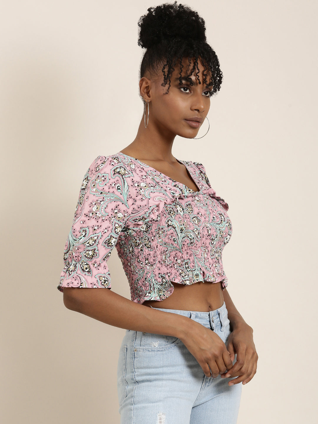 Women's Pink Floral Printed Bell Sleeves Crop Top