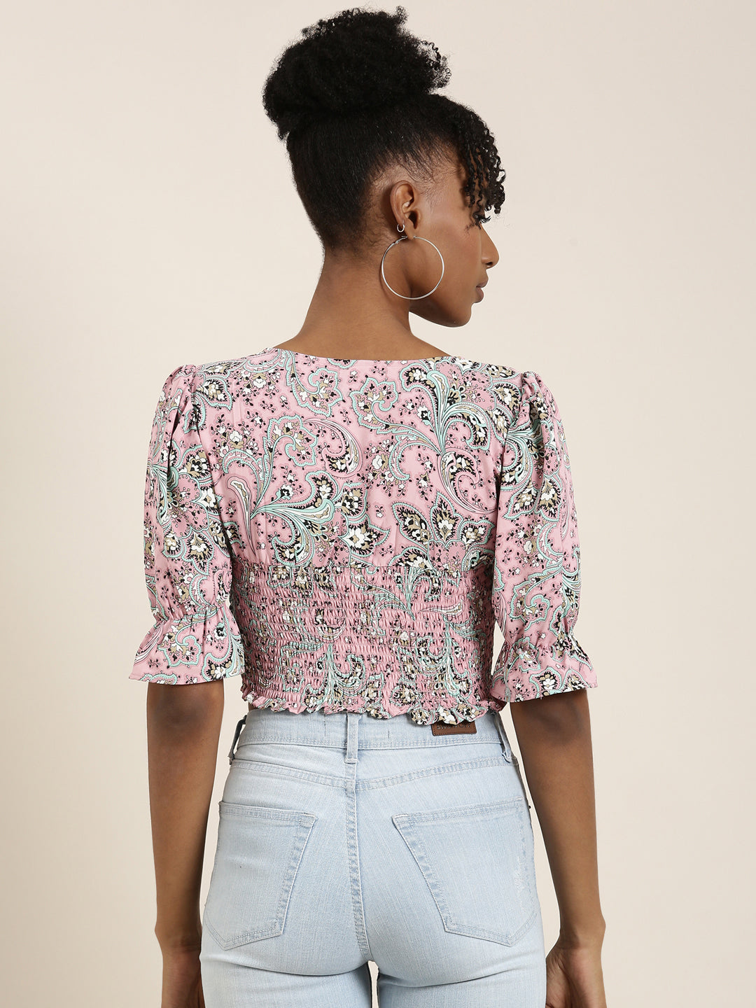 Women's Pink Floral Printed Bell Sleeves Crop Top