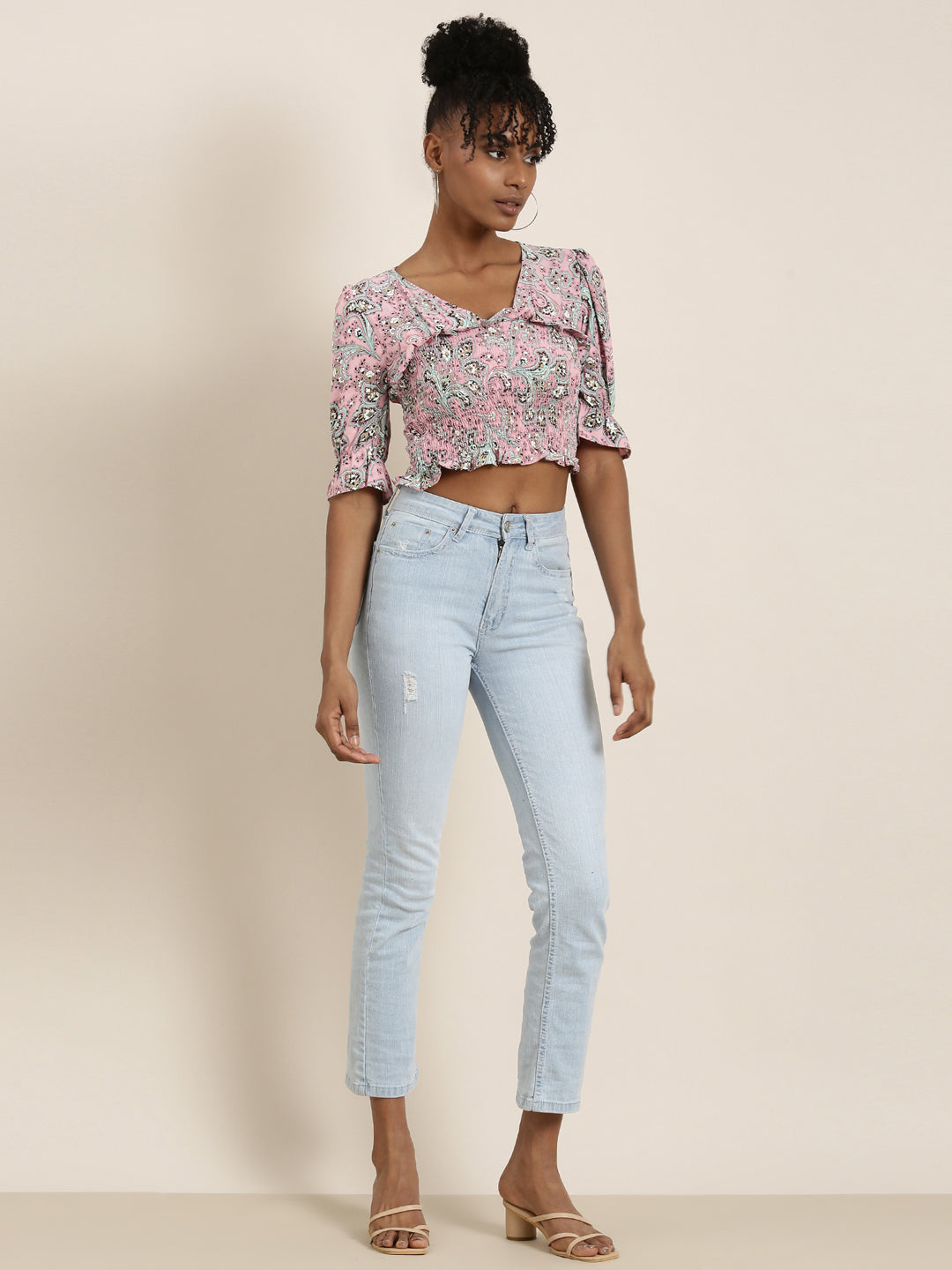 Women's Pink Floral Printed Bell Sleeves Crop Top