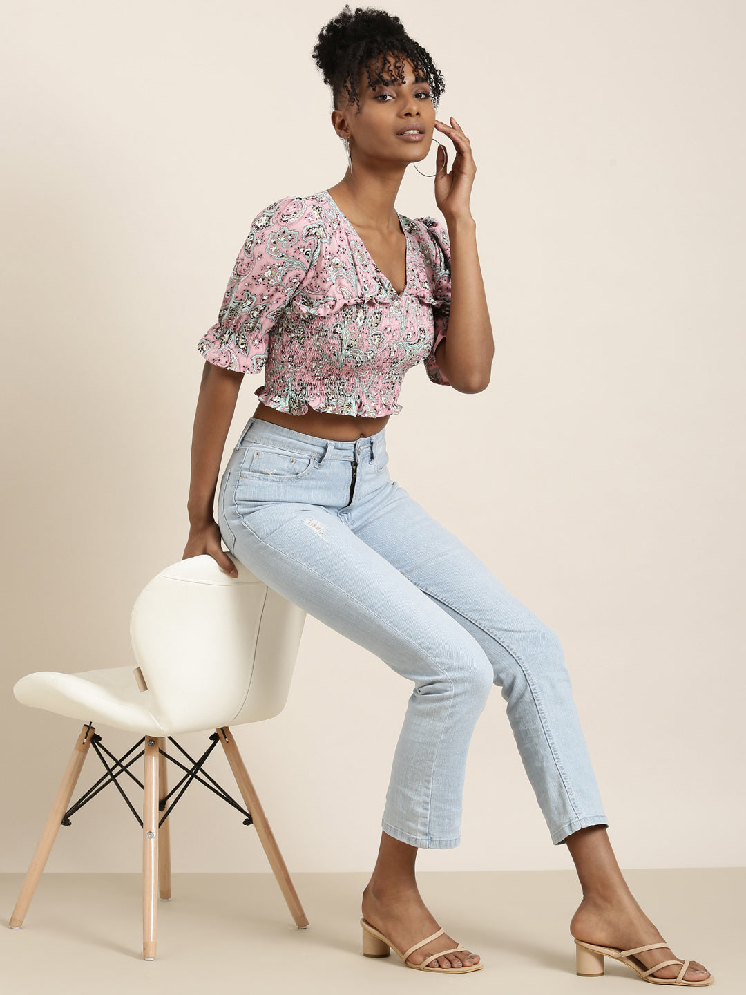 Women's Pink Floral Printed Bell Sleeves Crop Top