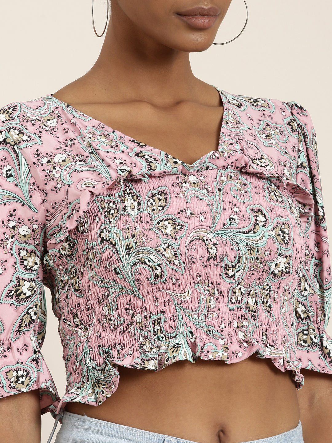Women's Pink Floral Printed Bell Sleeves Crop Top