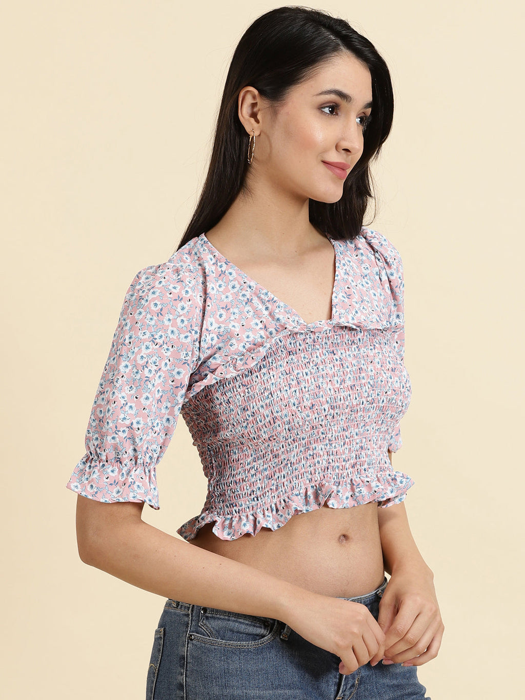 Women's Pink Floral Printed Cinched Waist Crop Top