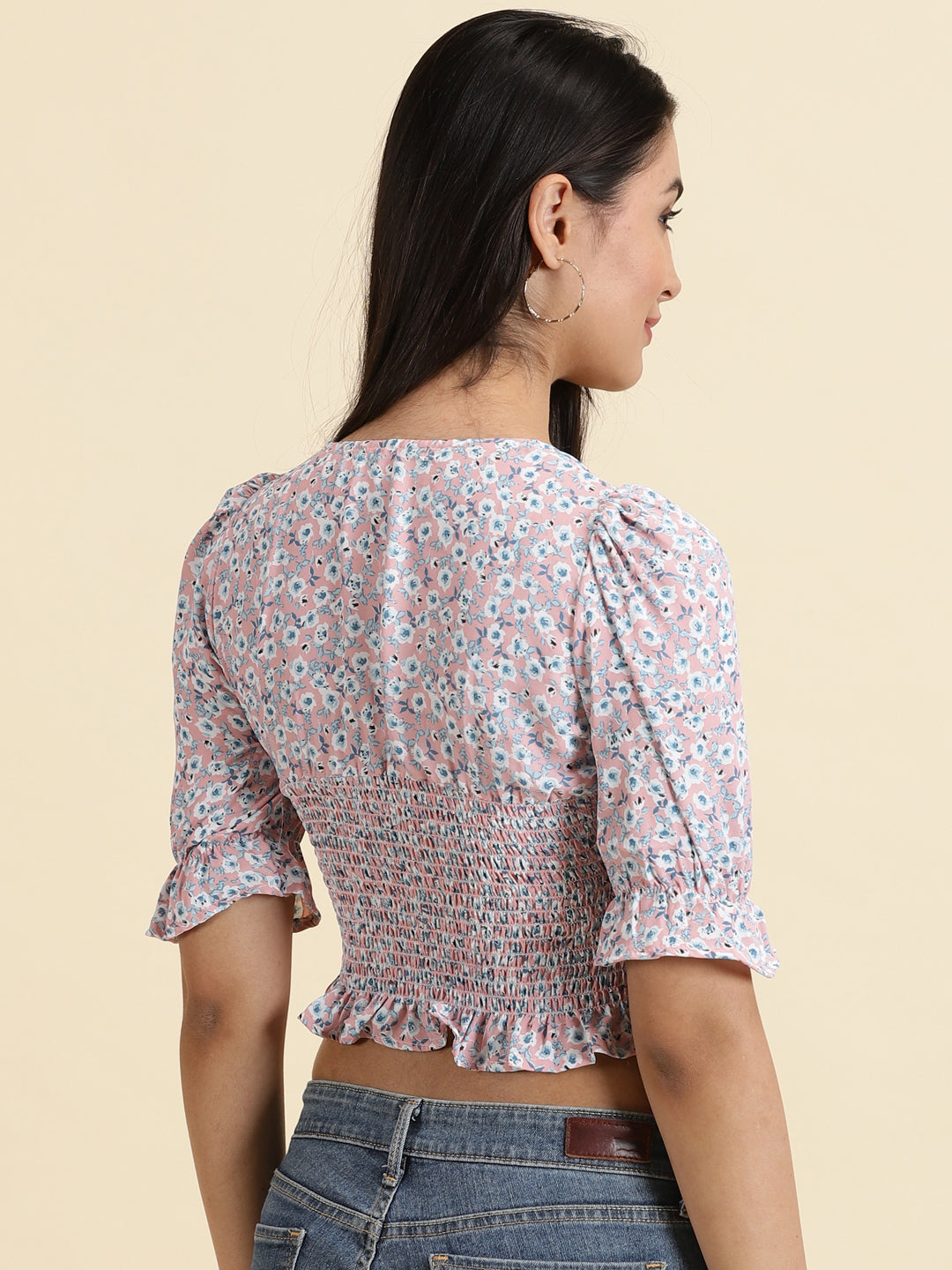 Women's Pink Floral Printed Cinched Waist Crop Top