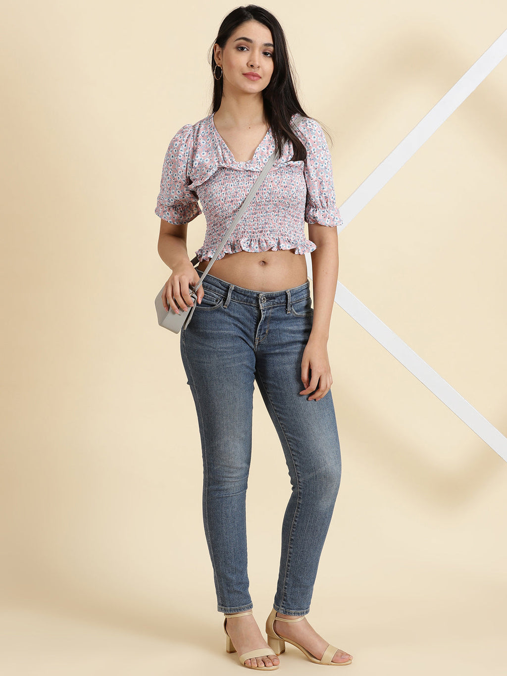 Women's Pink Floral Printed Cinched Waist Crop Top