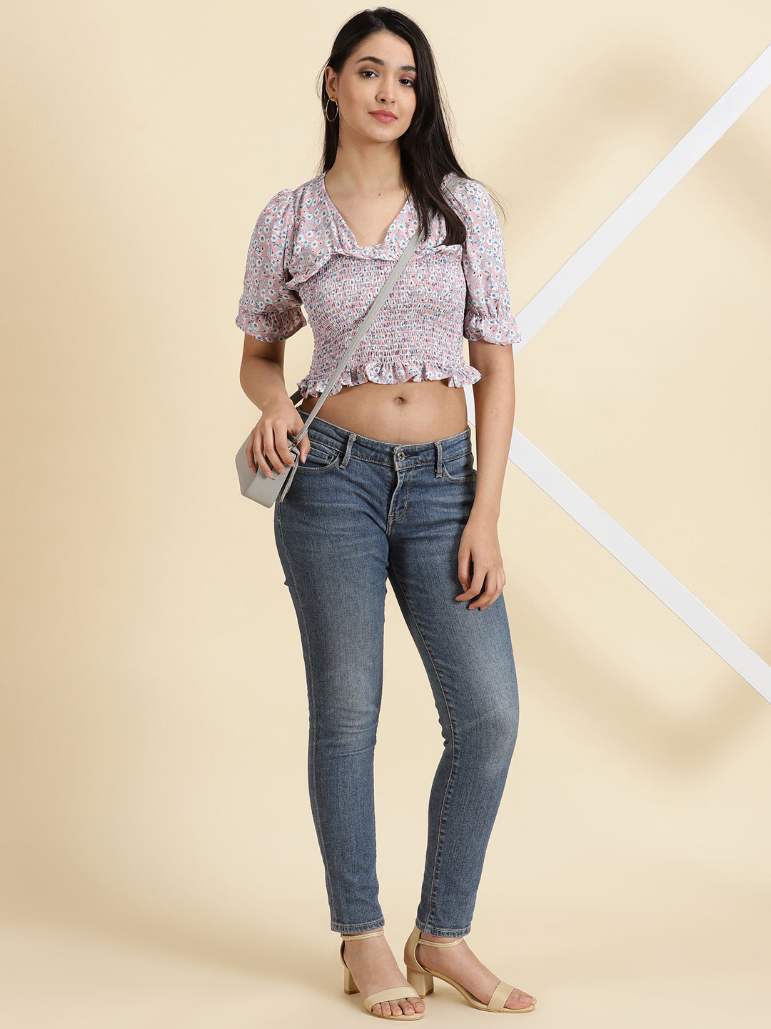Women's Pink Floral Printed Cinched Waist Crop Top