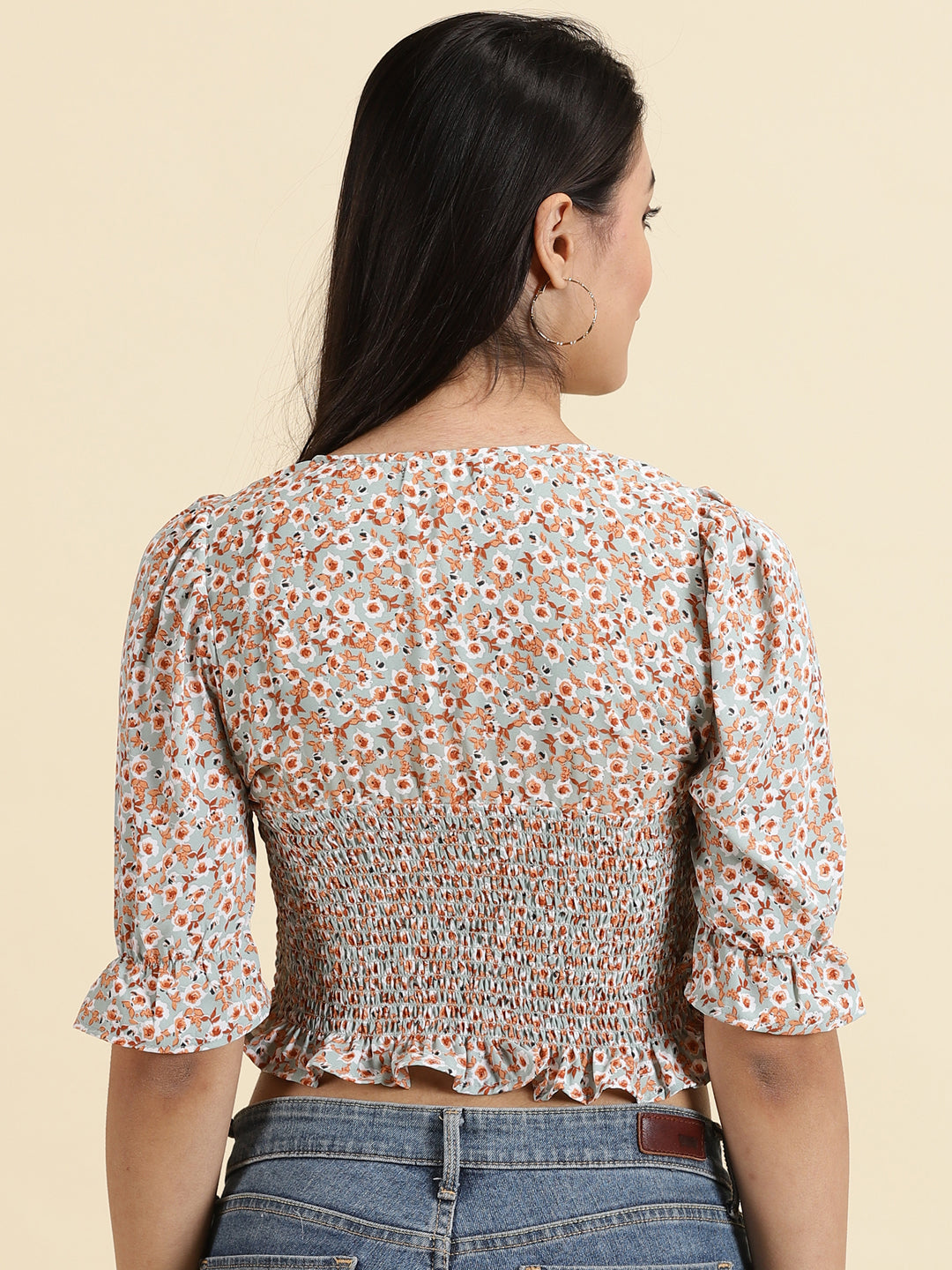 Women's Sea Green Floral Printed Smocked Crop Top