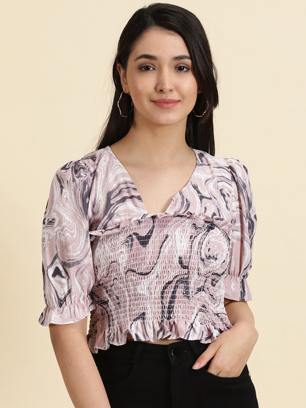 Women's Mauve Abstract Print Puff Sleeve Smocked Crepe Crop Top