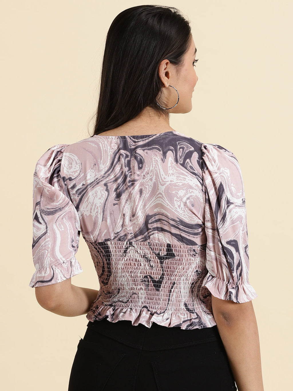 Women's Mauve Abstract Print Puff Sleeve Smocked Crepe Crop Top