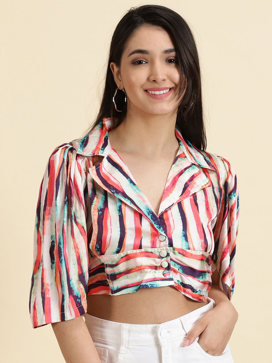 Women's Multi Striped Puff Sleeve Satin Tie & Dye Crop Top