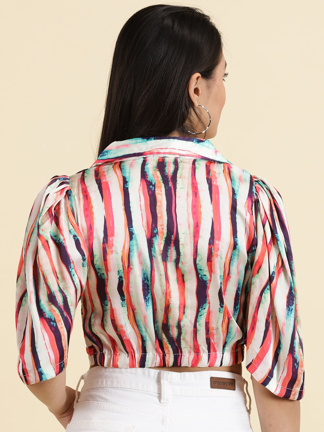 Women's Multi Striped Puff Sleeve Satin Tie & Dye Crop Top