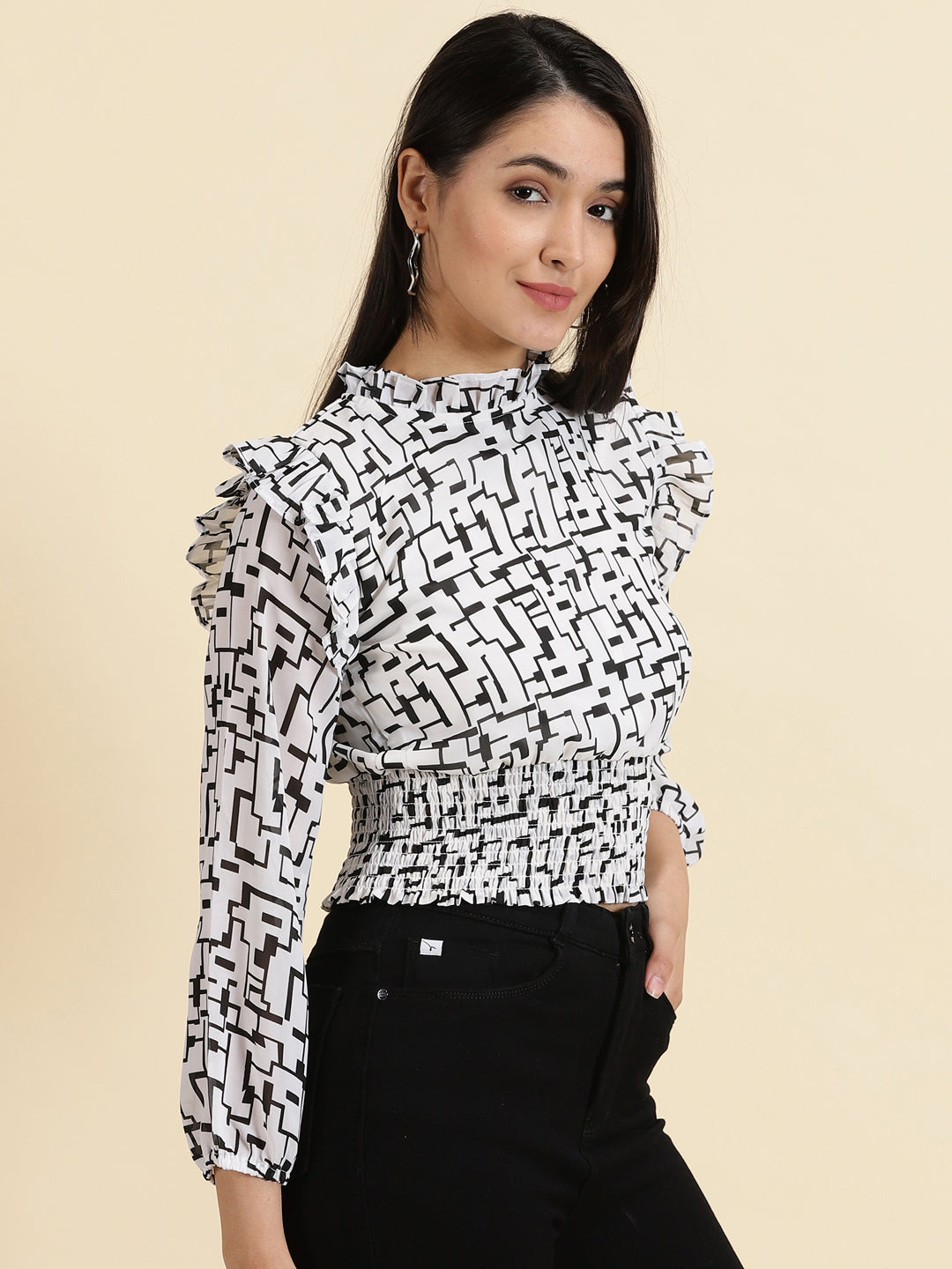 Women's White Geometric Print Crepe Cinched Waist Top
