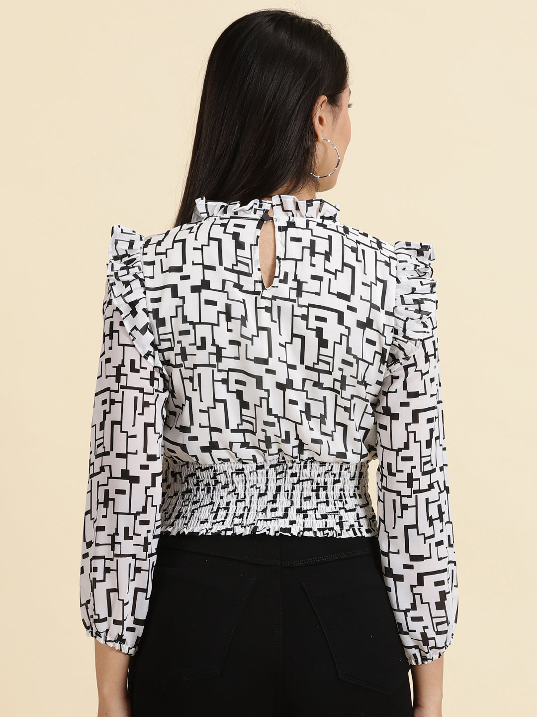 Women's White Geometric Print Crepe Cinched Waist Top