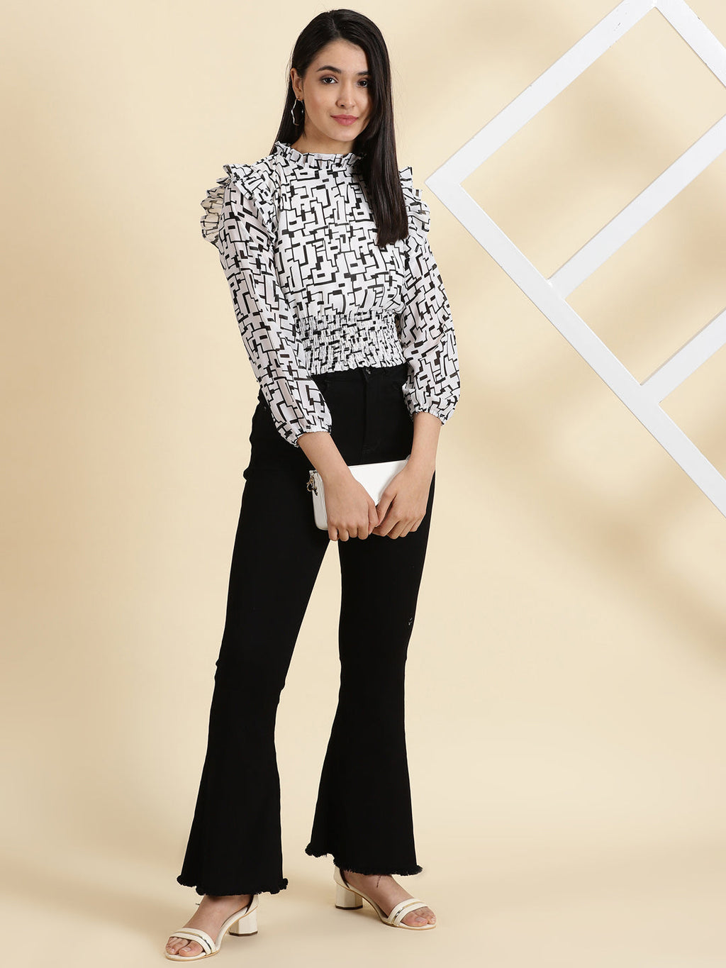 Women's White Geometric Print Crepe Cinched Waist Top