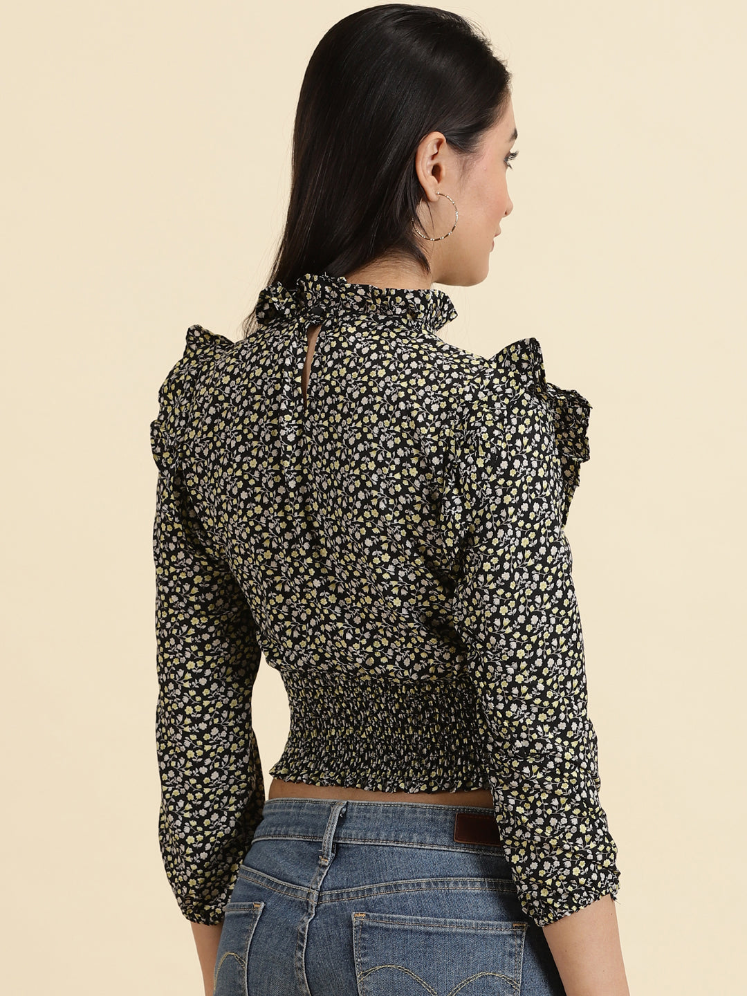 Women's Black Floral Print Puff Sleeve Crepe Cinched Waist Crop Top