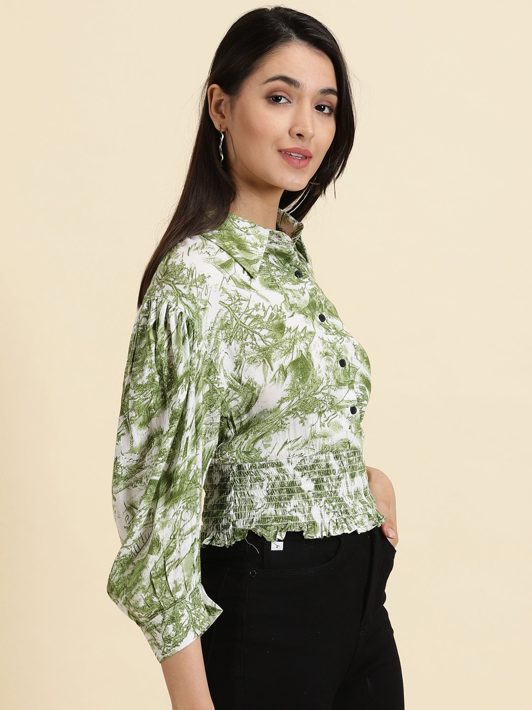 Women's Green Abstract Printed Smocked Shirt Style Top