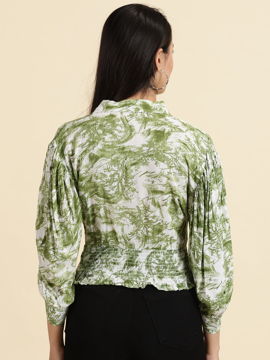 Women's Green Abstract Printed Smocked Shirt Style Top