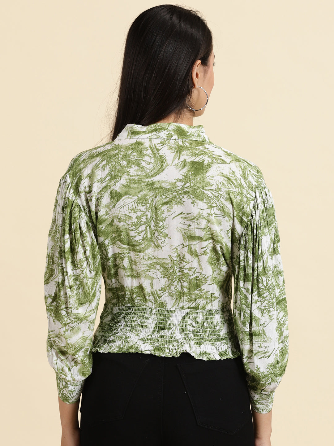 Women's Green Abstract Printed Smocked Shirt Style Top