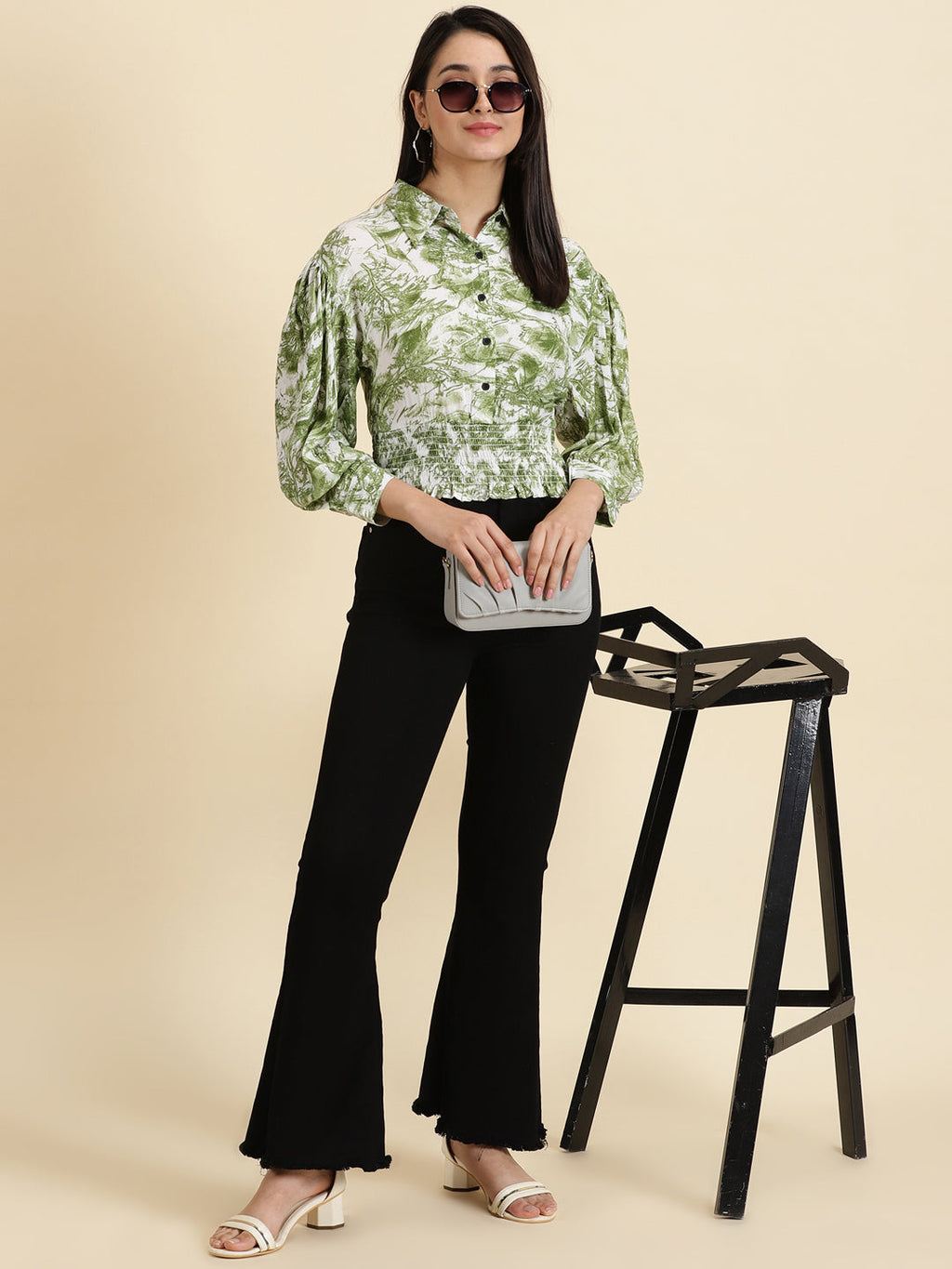 Women's Green Abstract Printed Smocked Shirt Style Top