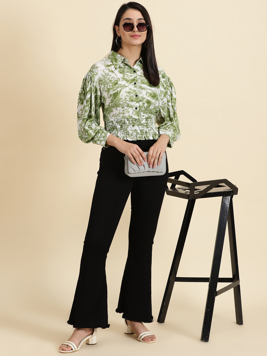 Women's Green Abstract Printed Smocked Shirt Style Top