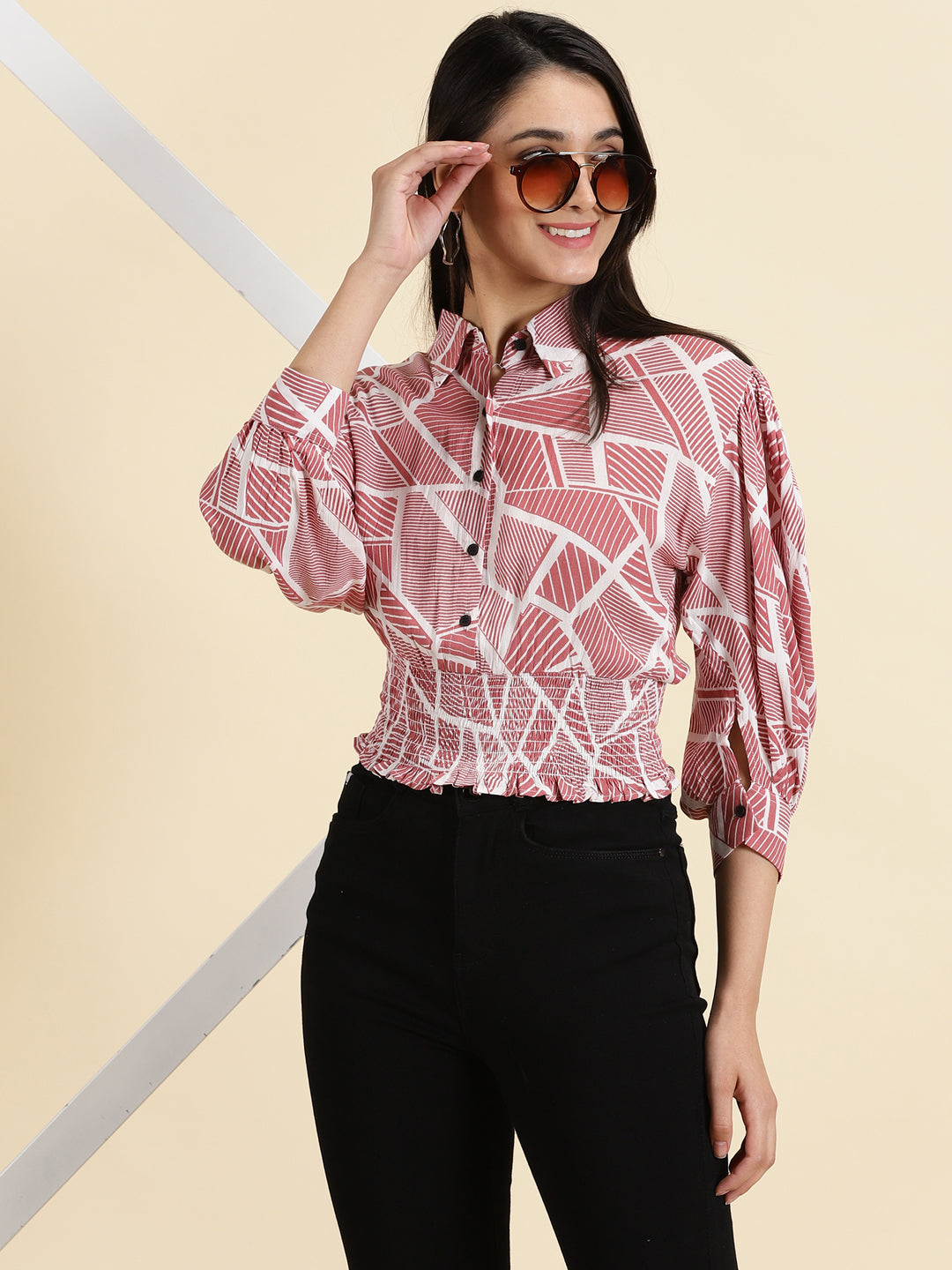 Women's Mauve Geometric Print Shirt Style Top