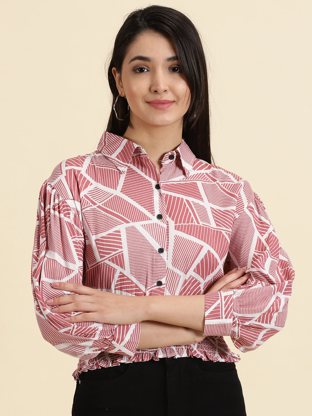 Women's Mauve Geometric Print Shirt Style Top