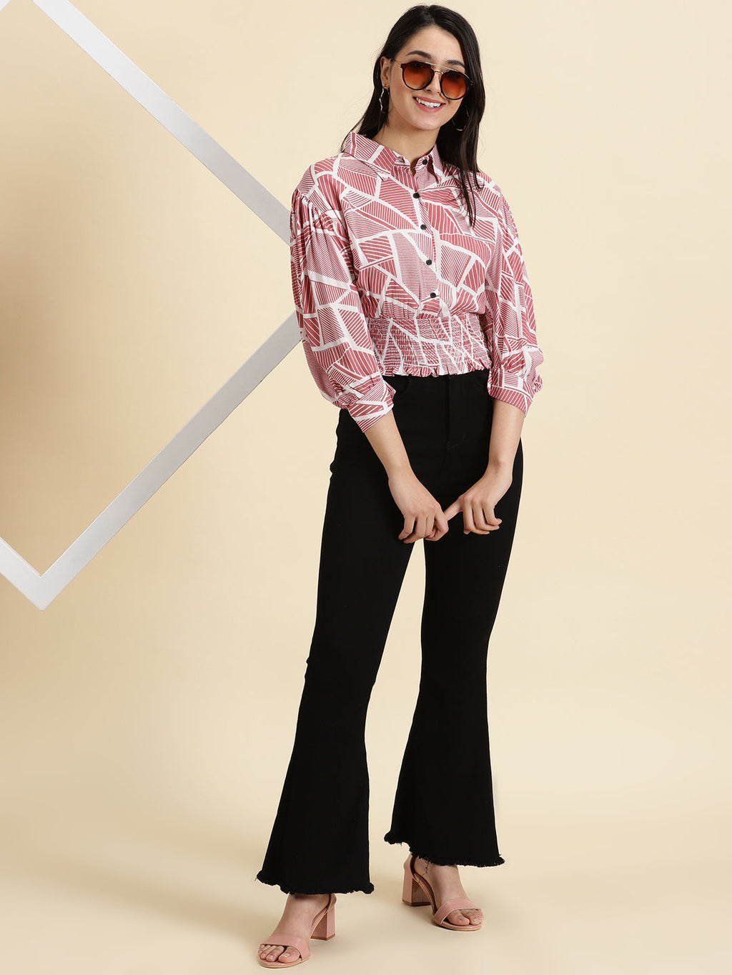 Women's Mauve Geometric Print Shirt Style Top