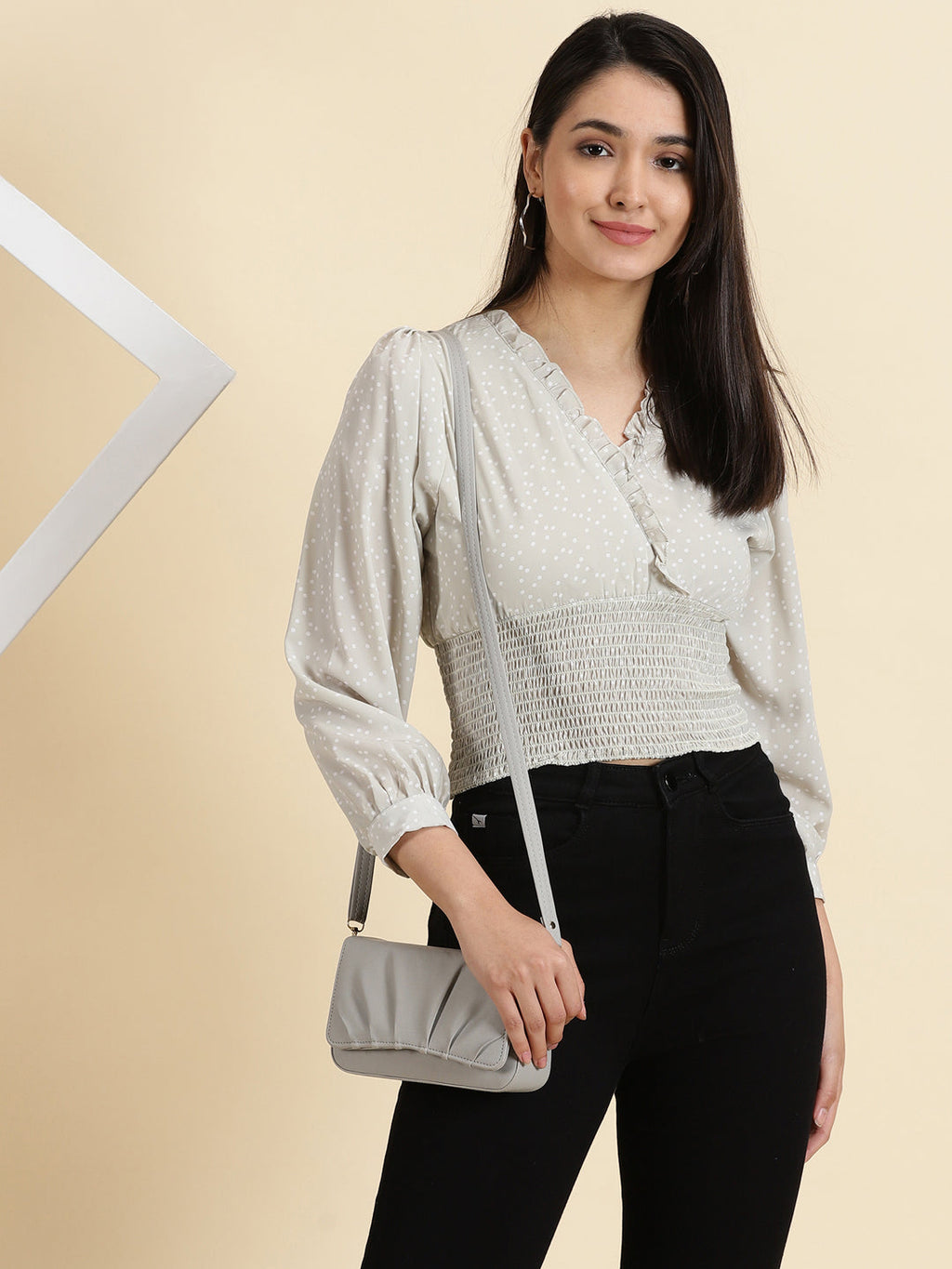 Women's Sea Green Polka Dots Printed Crepe Crop Cinched Waist Top