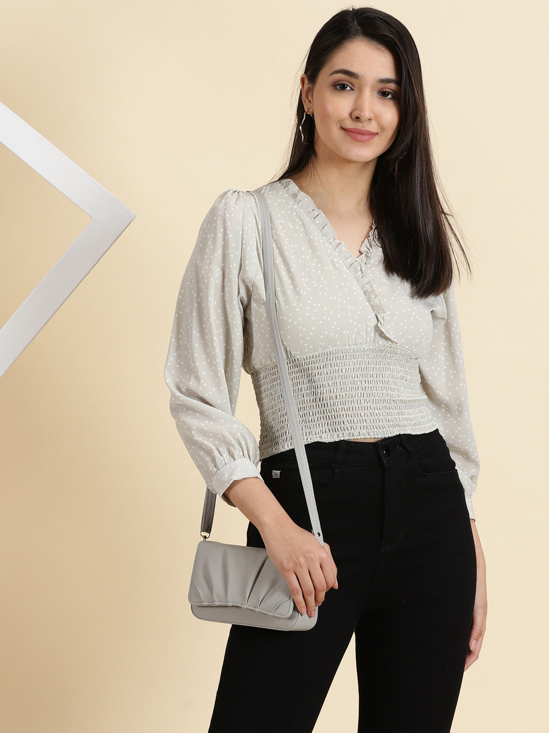 Women's Sea Green Polka Dots Printed Crepe Crop Cinched Waist Top