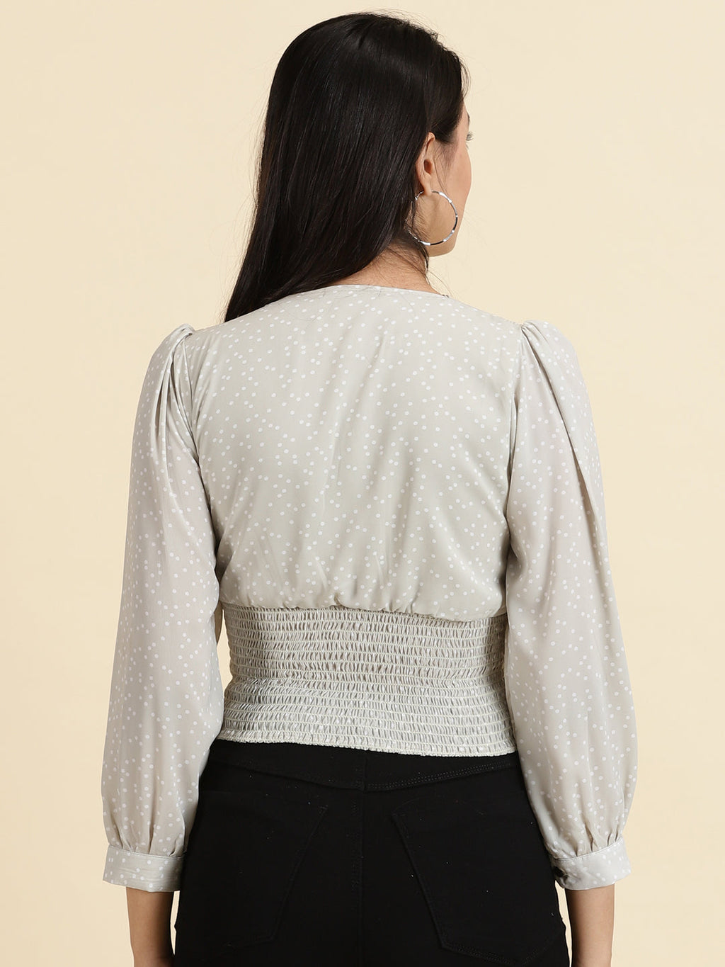 Women's Sea Green Polka Dots Printed Crepe Crop Cinched Waist Top