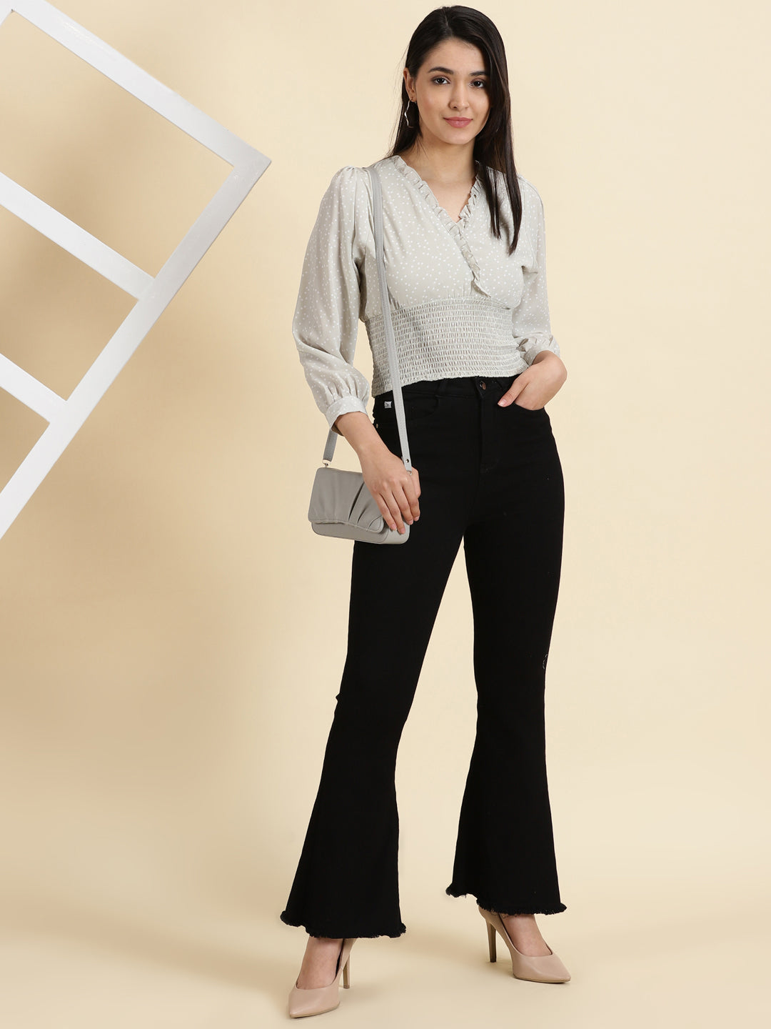 Women's Sea Green Polka Dots Printed Crepe Crop Cinched Waist Top