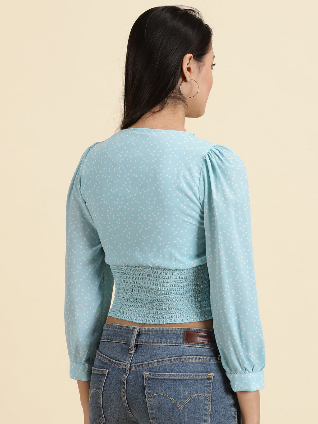 Women's Turquoise Blue Polka Dots Printed Puff Sleeve Smocked Crepe Wrap Crop Top