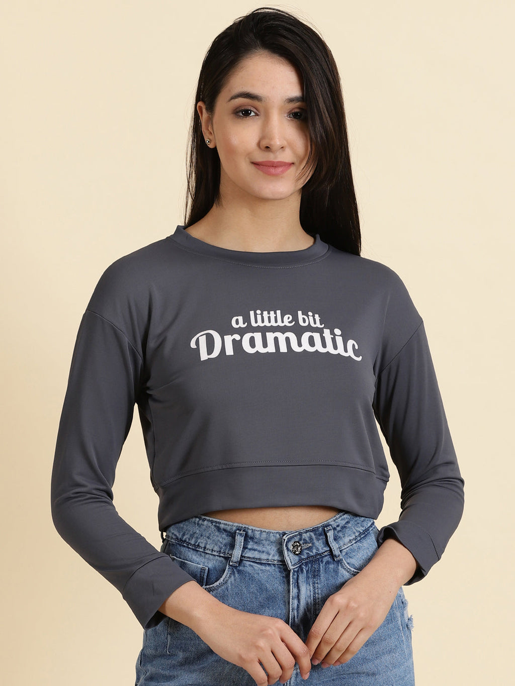 Women's Grey Typography Printed Crop Top
