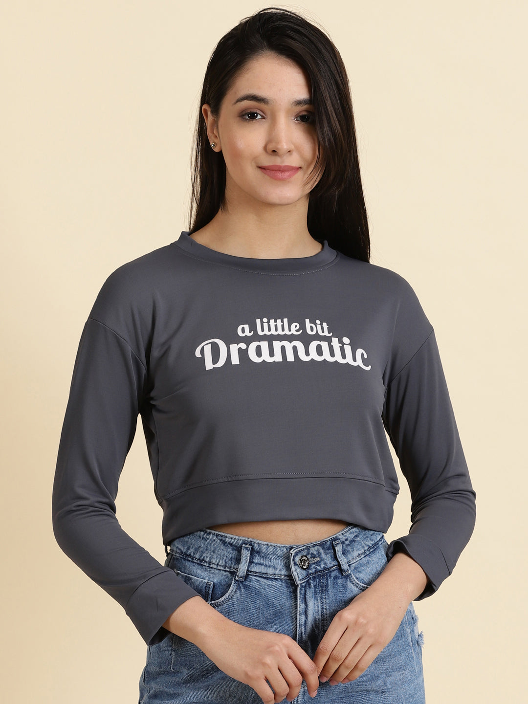 Women's Grey Typography Printed Crop Top