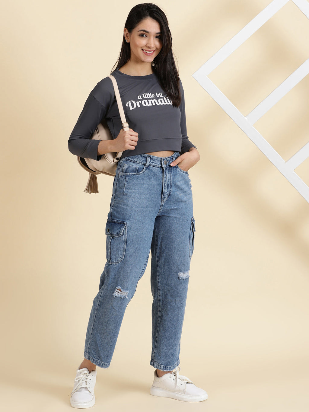 Women's Grey Typography Printed Crop Top