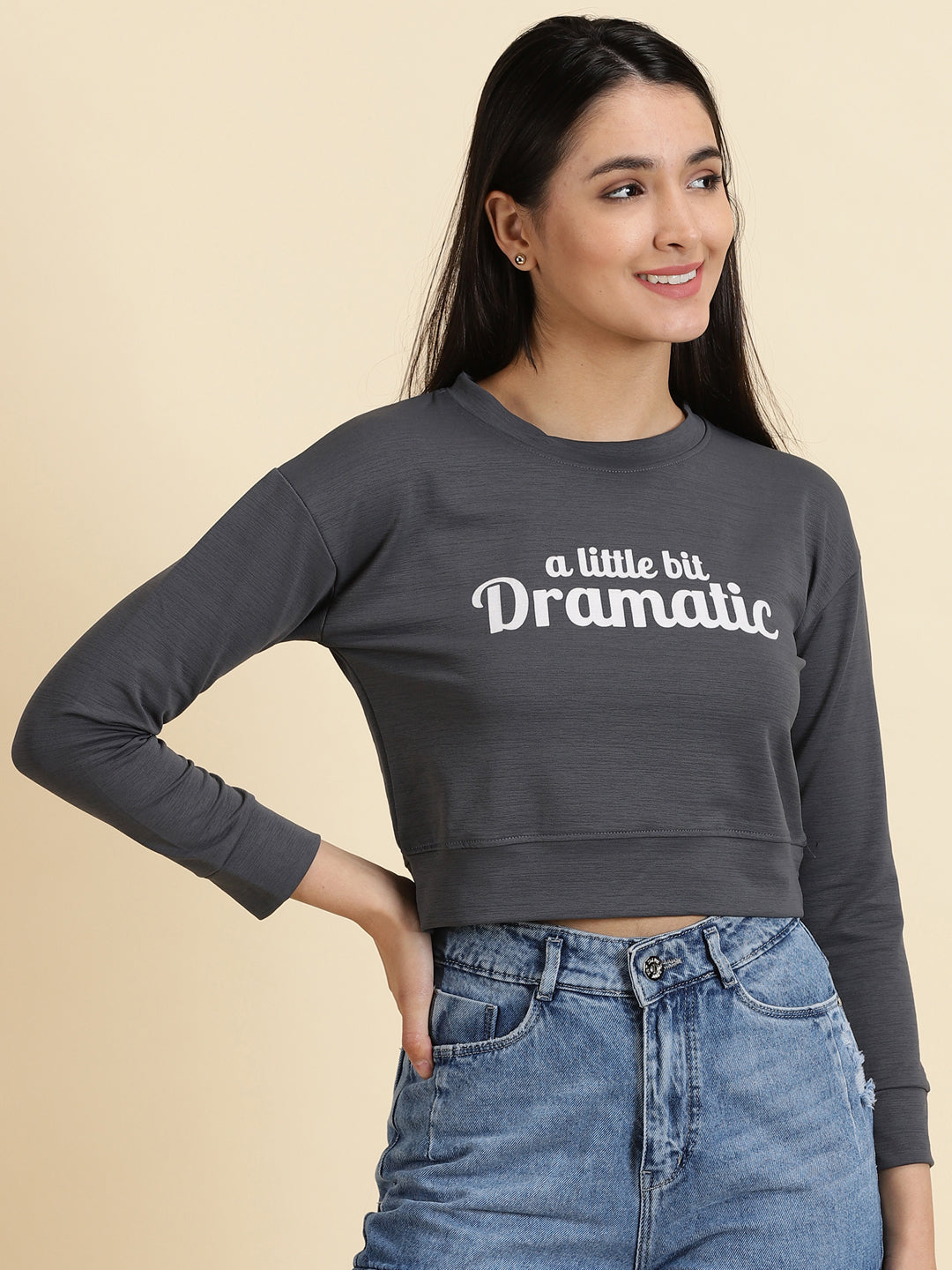 Women's Grey Printed Round Neck Long Sleeves Crop Pullover