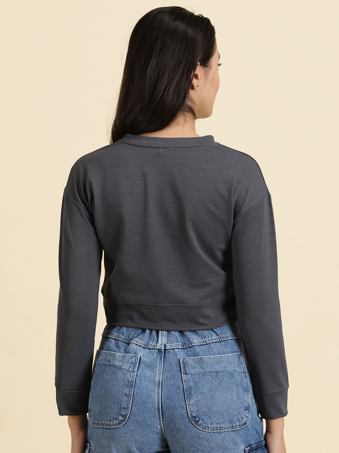 Women's Grey Printed Round Neck Long Sleeves Crop Pullover