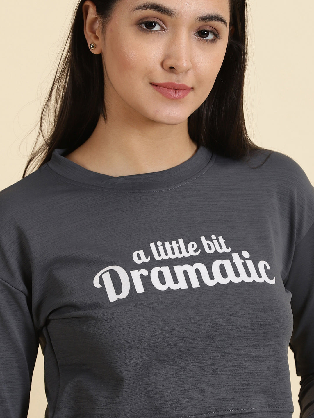 Women's Grey Printed Round Neck Long Sleeves Crop Pullover