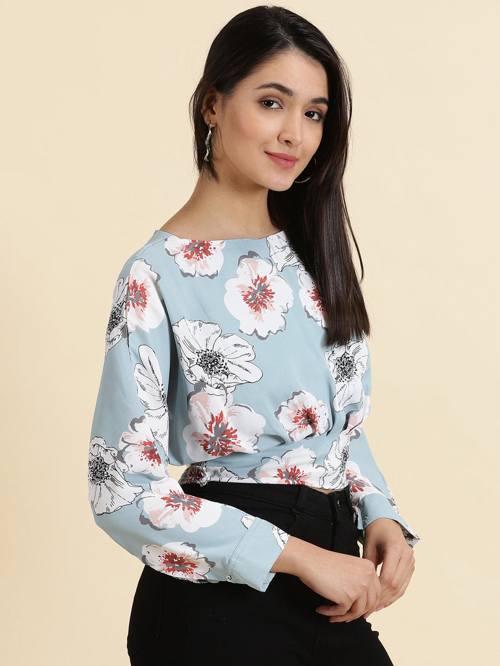 Women's Blue Floral Printed Extended Sleeves Styled Back Crop Blouson Top