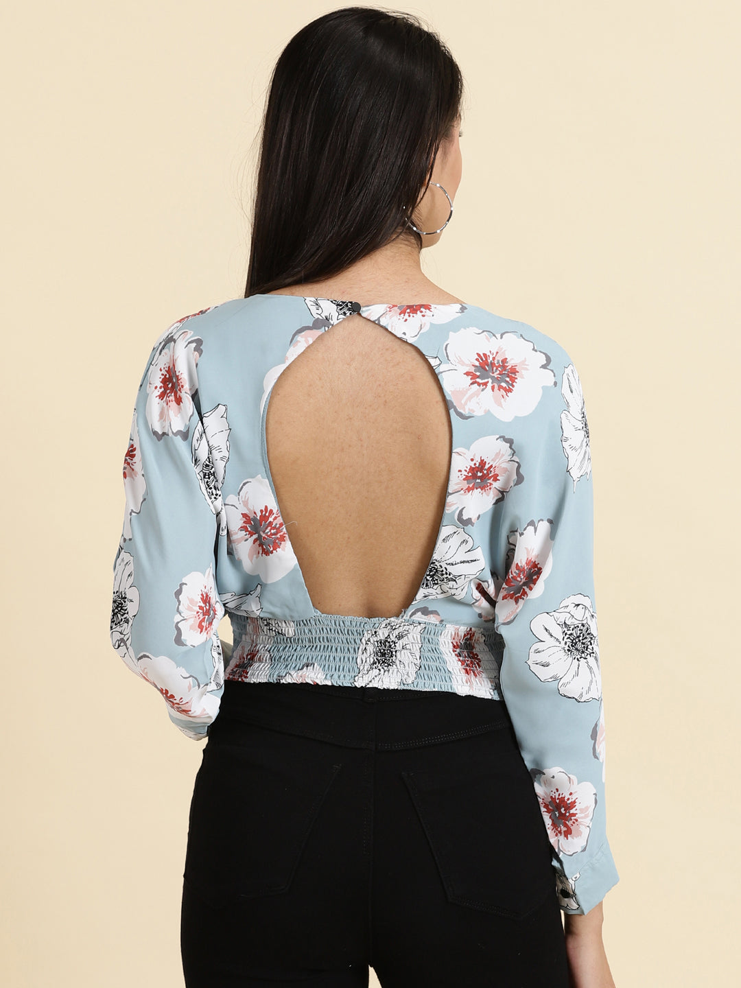 Women's Blue Floral Printed Extended Sleeves Styled Back Crop Blouson Top