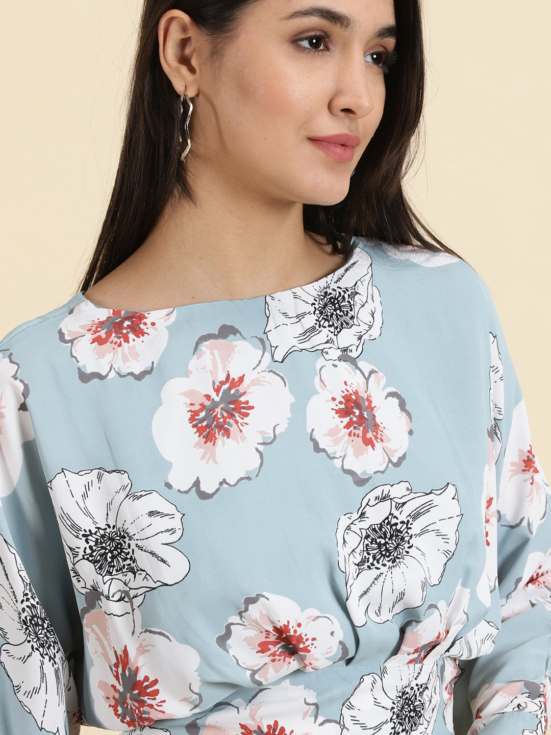 Women's Blue Floral Printed Extended Sleeves Styled Back Crop Blouson Top