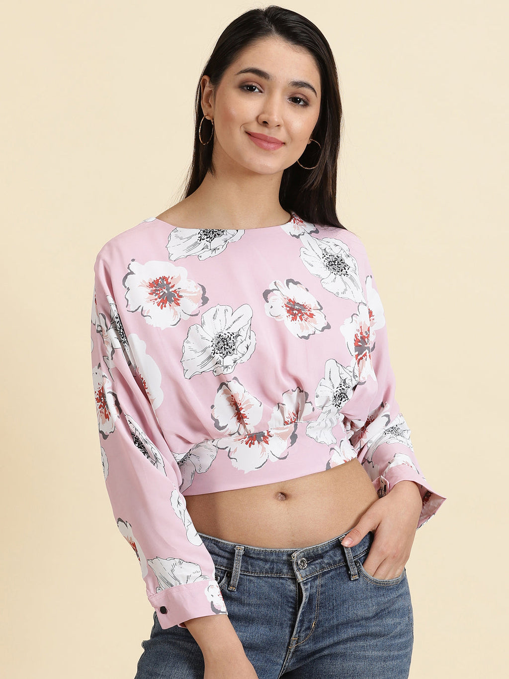 Women's Pink Floral Print Extended Sleeves Crepe Crop Top