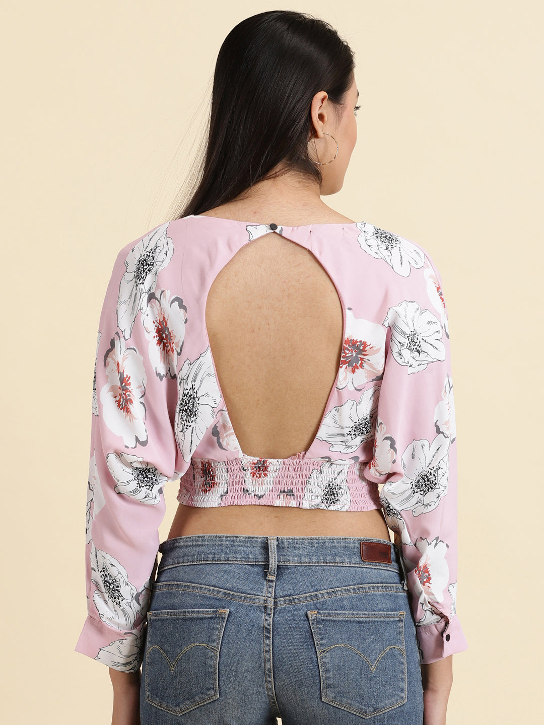 Women's Pink Floral Print Extended Sleeves Crepe Crop Top