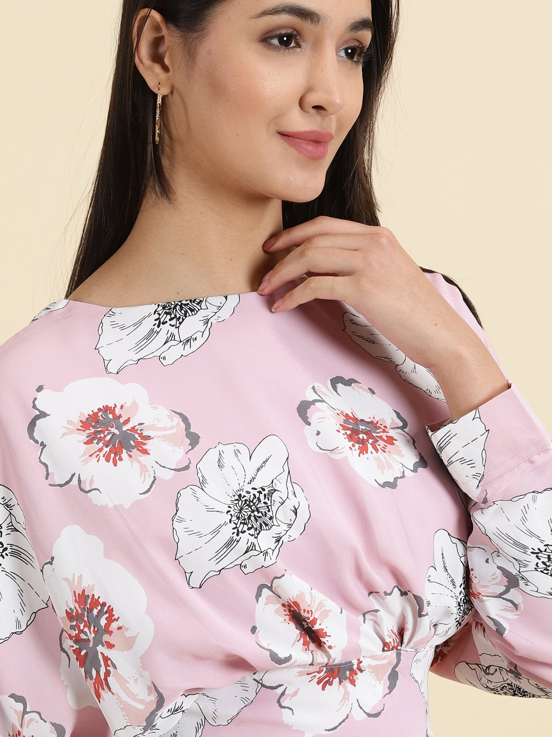 Women's Pink Floral Print Extended Sleeves Crepe Crop Top