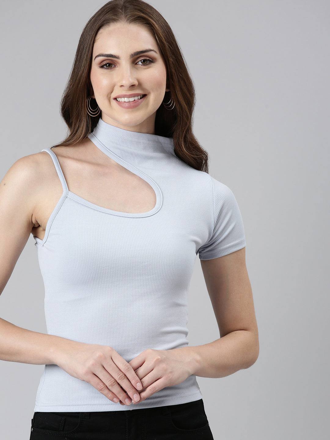 Women's Blue High Neck Cut Out Top