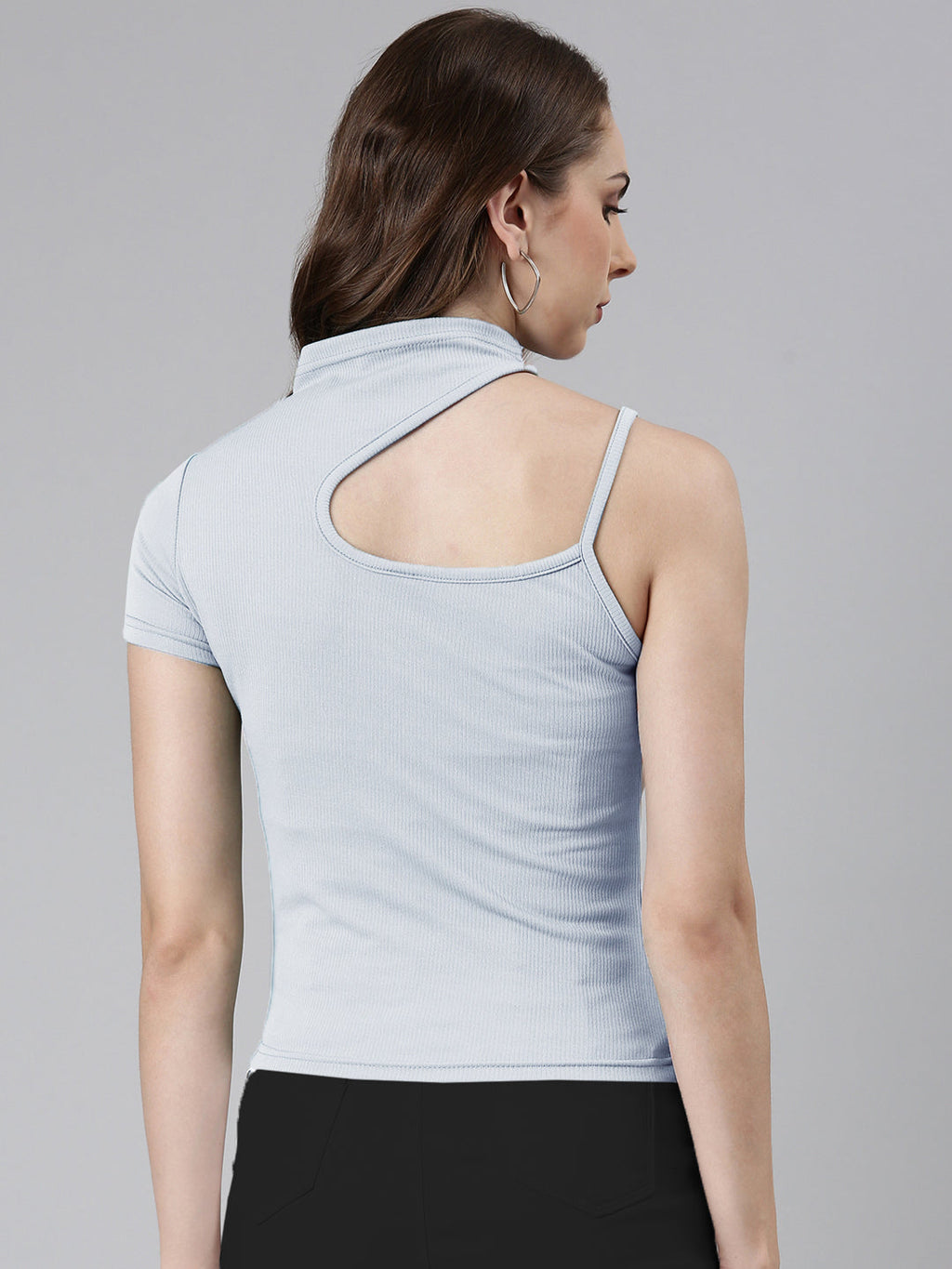 Women's Blue High Neck Cut Out Top