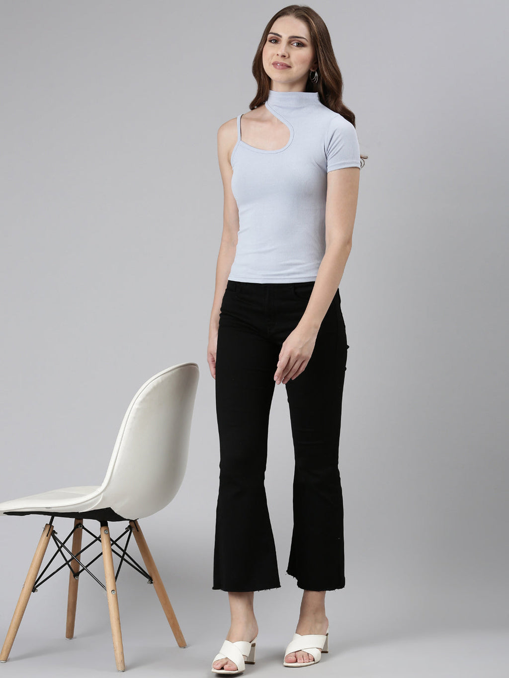 Women's Blue High Neck Cut Out Top