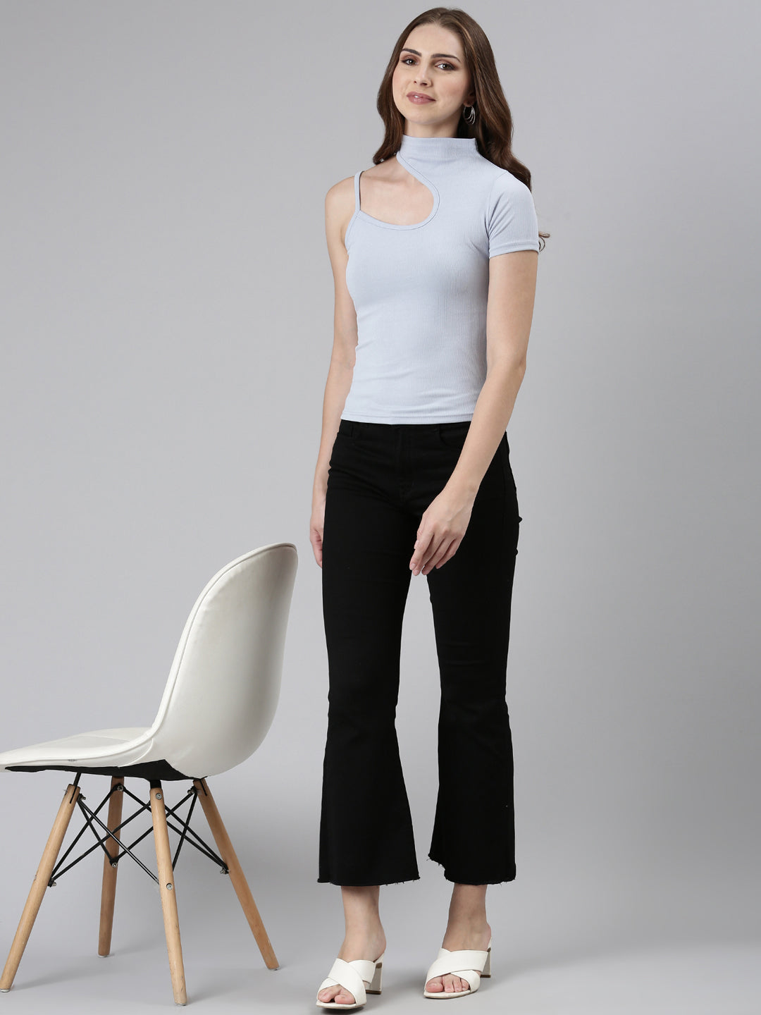 Women's Blue High Neck Cut Out Top